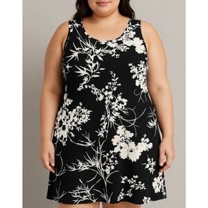 Lexington Avenue Women’s 1X Black White Floral Shift Dress Sleeveless USA Made
